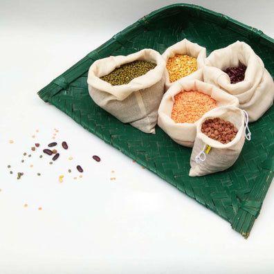 Green winnow with Daily Dump Kora bags with lentil, daal